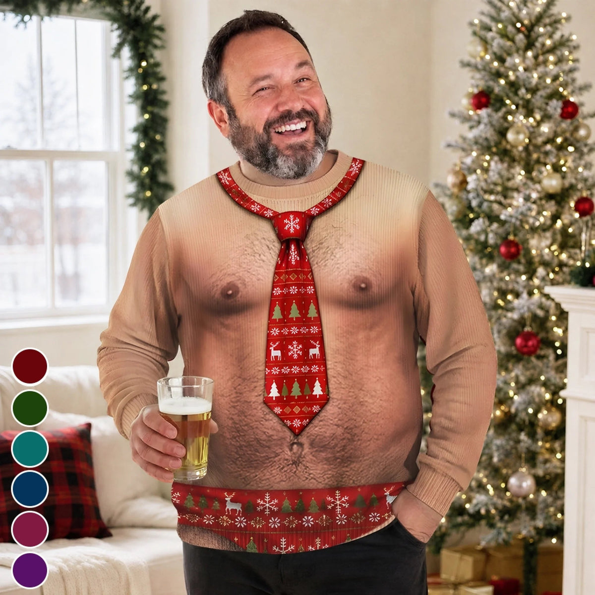 Custom Funny Men Ugly Christmas Sweatshirt‑Personalized "Dressed Up In Festive Tie" Crewneck, Novelty Fake Body & Holiday Tie Illusion Holiday Gift for Husband, Dad, Son, Grandpa, Yourself