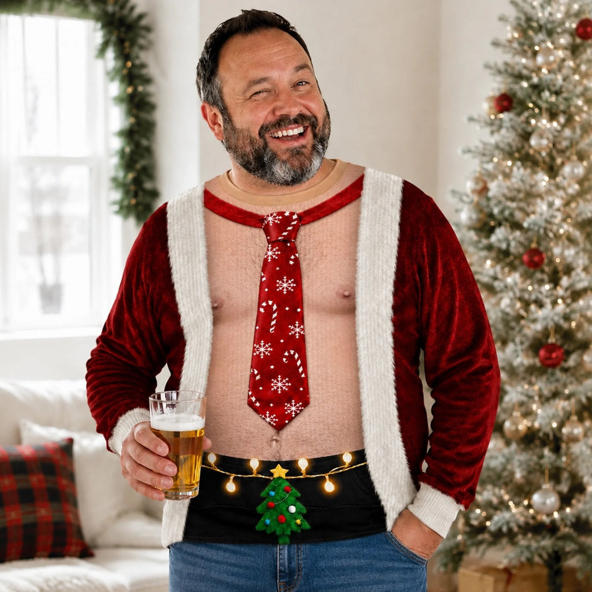 Custom Funny Ugly Christmas Sweatshirt‑Personalized "Shining Bright With Party Energy" Crewneck, Novelty Fake Chest Illusion Holiday Gift for Husband, Dad, Son, Grandpa, Brother, Yourself
