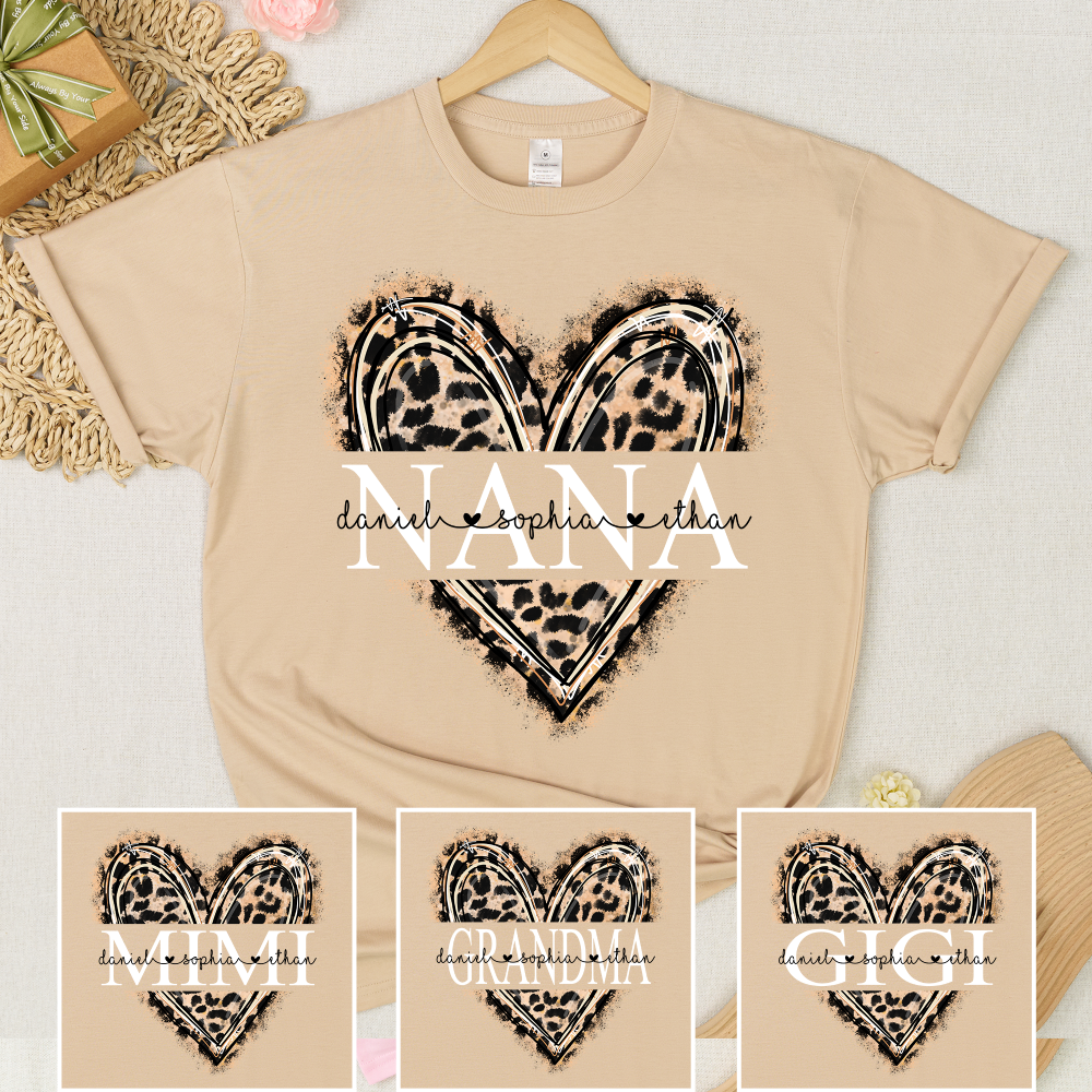 Custom Leopard Heart Nana T-Shirt – Personalized Grandma Gift with Grandkids‘ Names Inside Heart