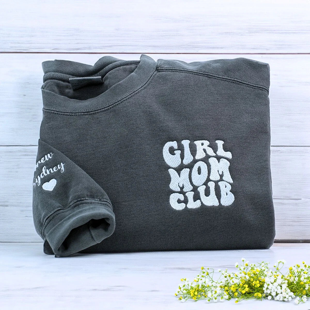 Custom Girl Mom Club Sweatshirt or T-Shirt with Embroidered Kids Names on Sleeve