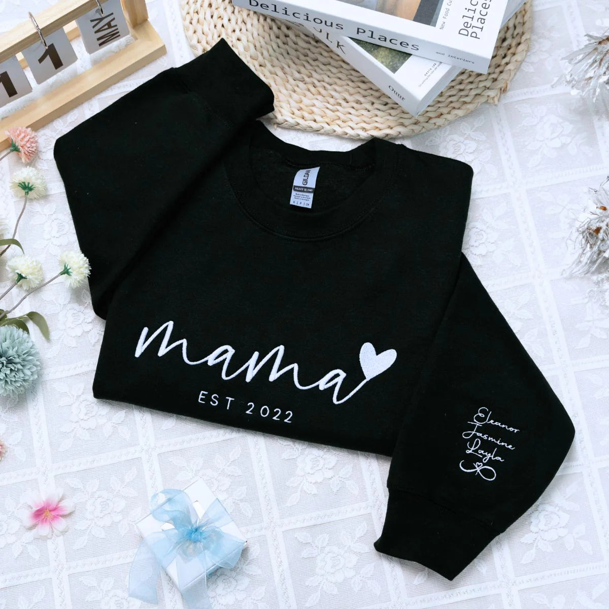 Personalized Mama Heart Sweatshirt or Hoodie, Custom Embroidered Mother's Day Gift for Mama