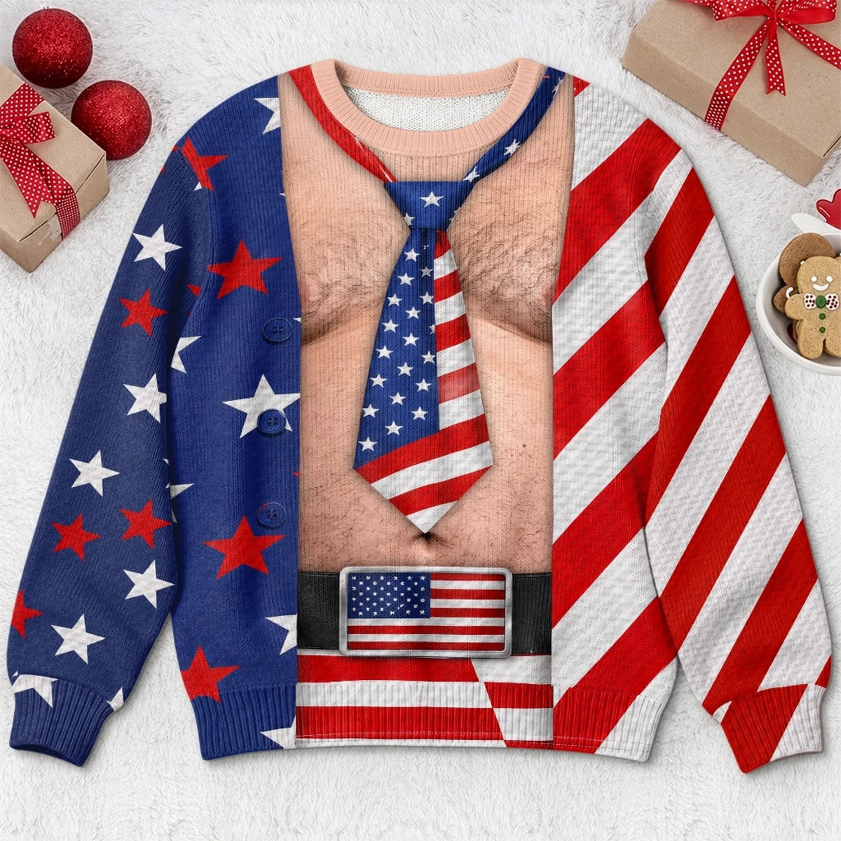 Custom Funny Ugly Christmas Sweatshirt‑Personalized "A Christmas Full Of Freedom" Illusion Crewneck, America 250th Patriotic Novelty Pullover, Gag Holiday Gift for Husband, Dad, Son, Grandpa, Brother, Yourself