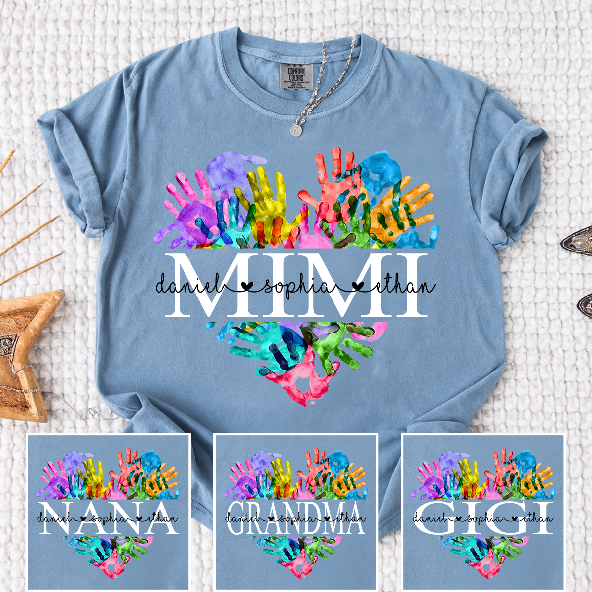 Personalized Mimi T-Shirt – Colorful Handprint Heart Design with Custom Grandkids‘ Names on Sleeve, Grandma Gift