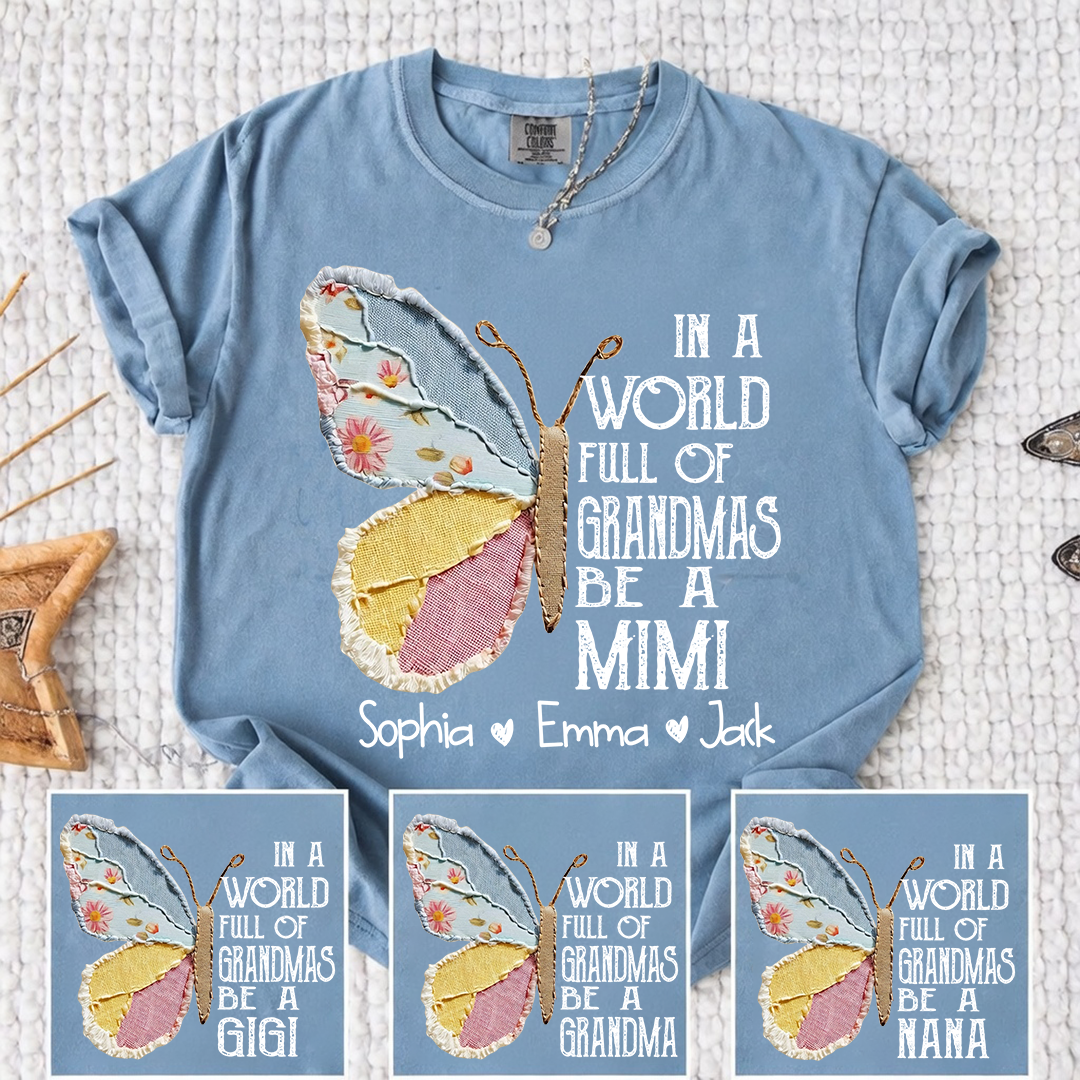 “In a World Full of Grandmas Be a Mimi” Custom T-Shirt – Floral Patchwork Butterfly Design with Grandkids‘ Names, Personalized Grandma Gift