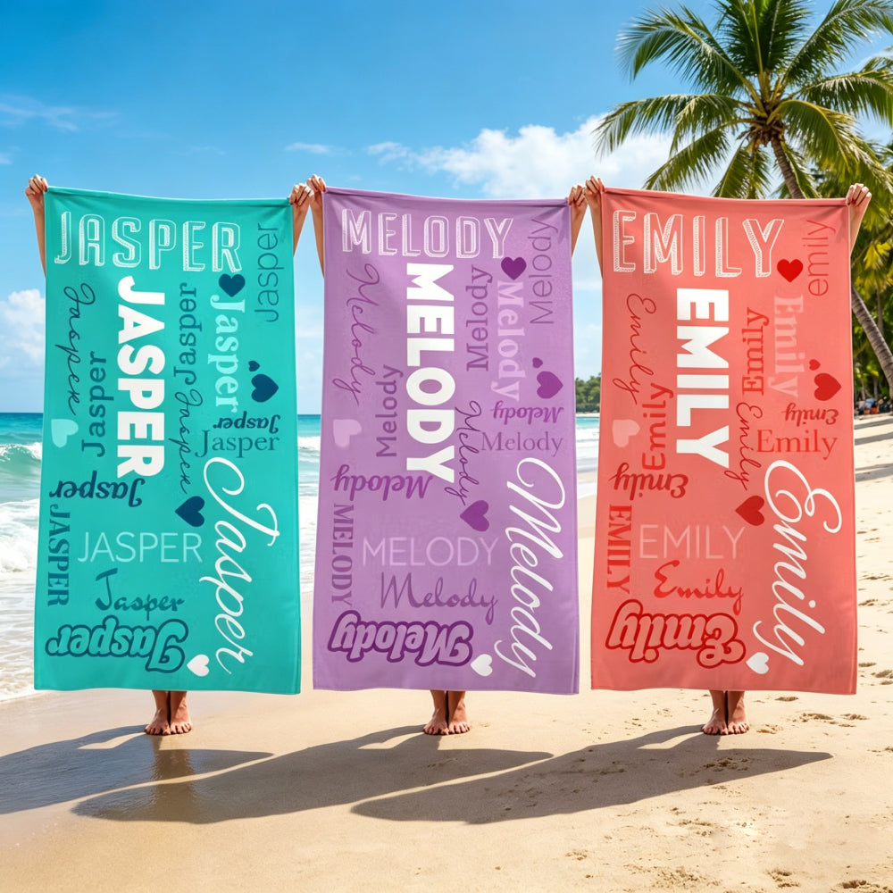 Personalized Multicolor Word Cloud Quick Dry Oversized Beach Towel – Custom Name Microfiber Summer Pool Towel, Perfect Vacation Gift