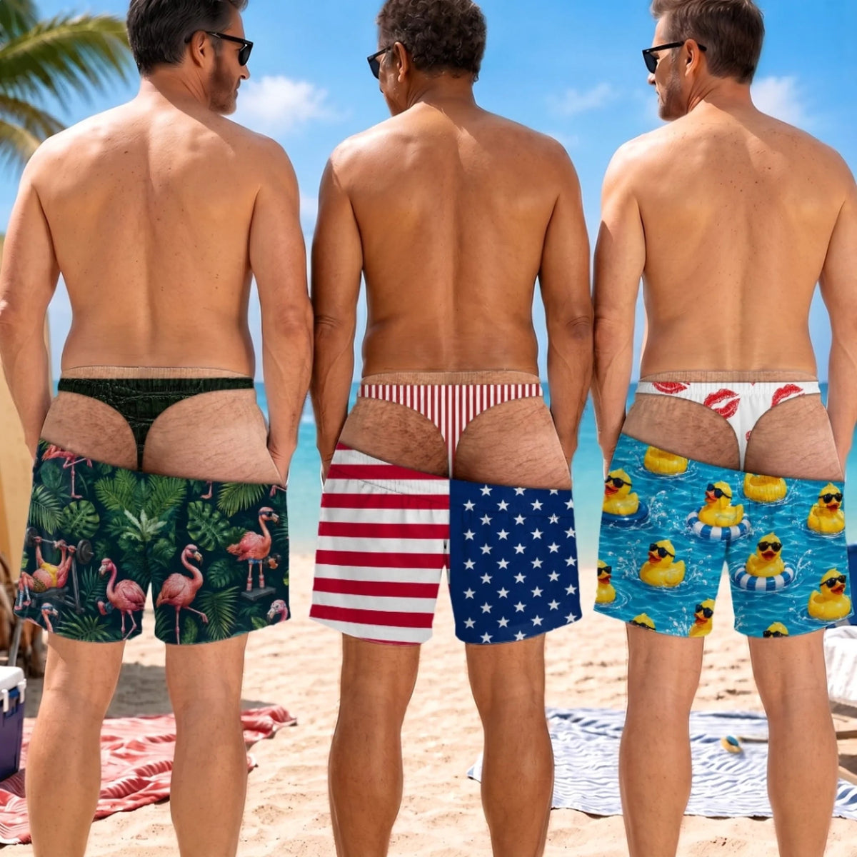 Custom Funny Patriotic Men Swim Trunks‑Personalized "Back Where Waves Belong" Swim Shorts, Novelty Fake Underwear Illusion Beach Gift for Husband, Dad, Son, Grandpa, Brother, Yourself