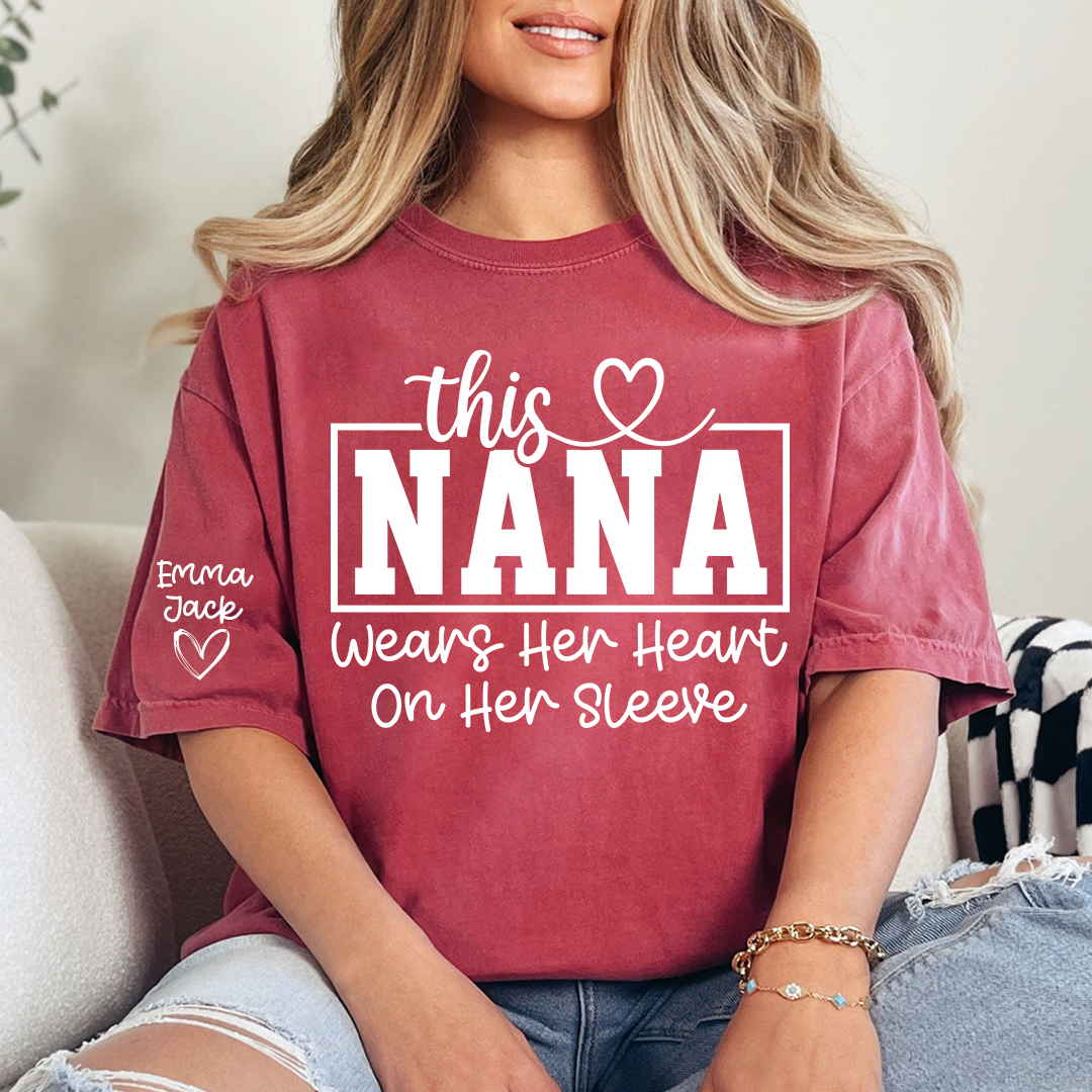 This Grandma Wears Her Heart on Her Sleeve T-Shirt – Personalized Grandkids Names on Sleeve, Family Grandma Gift