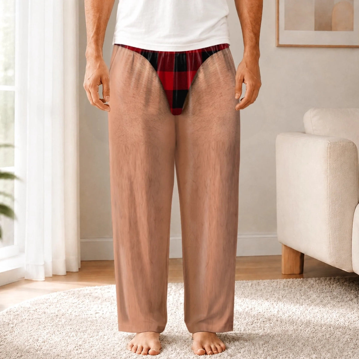 Custom Funny Illusion Skin Print Pajama Pants, Fake Underwear Design Novelty Mens Lounge Pants, Personalized Christmas Gift for Dad Husband Brother Grandpa Son, Humor Gag Gift for Birthday Holiday