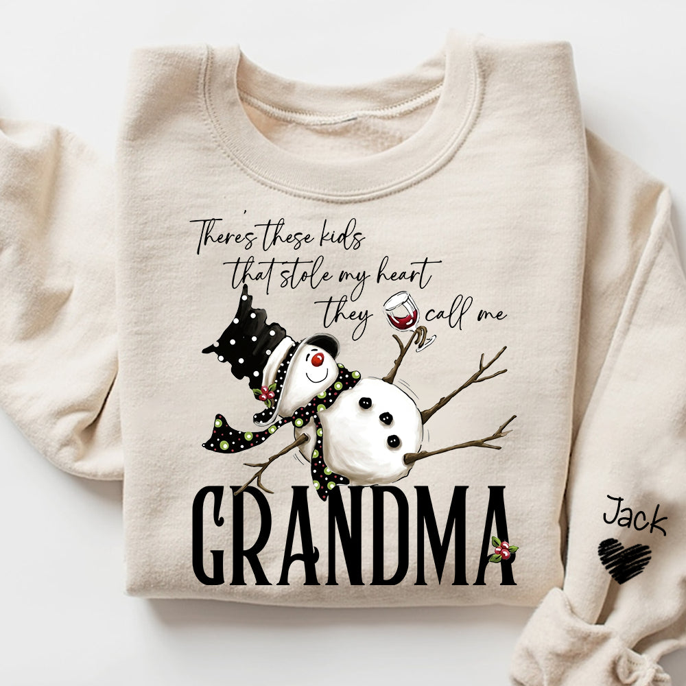 Funny Grandma Christmas Sweatshirt‑Personalized Grandkids Names Sleeve Print Crewneck, Snowman Wine Winter Custom Holiday Gift for Grandma, Nana, Mimi, Grammy