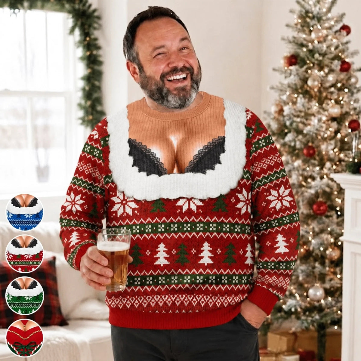 Custom Funny Ugly Christmas Sweatshirt‑Personalized "Light Up The Holiday Party" Illusion Crewneck, Novelty Lingerie‑Style Pullover, Gag Holiday Gift for Husband, Dad, Son, Grandpa, Brother, Yourself