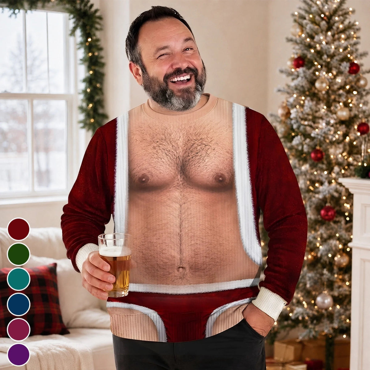 Custom Funny Men Ugly Christmas Sweatshirt‑Personalized "I Know What Santa Wants" Crewneck, Novelty Fake Body Santa Suit Illusion Holiday Gift for Husband, Dad, Son, Grandpa, Yourself