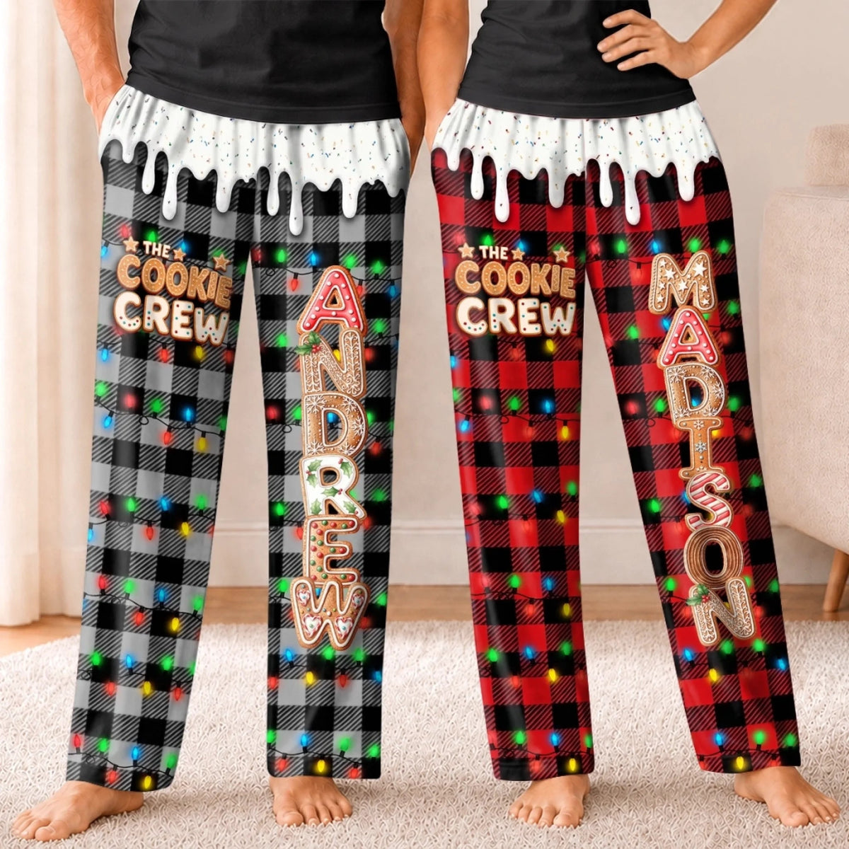 Custom The Cookie Crew Christmas Pajama Pants, Personalized Gingerbread Name Buffalo Plaid Holiday Loungewear, Custom Christmas Gift for Mom Dad Brother Sister Family