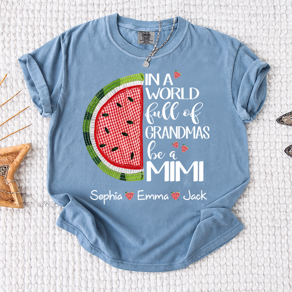 In A World Full Of Grandmas Be A Mimi Patchwork Watermelon T-Shirt – Custom Grandma Gift, Personalized Family Love Tee for Mimi