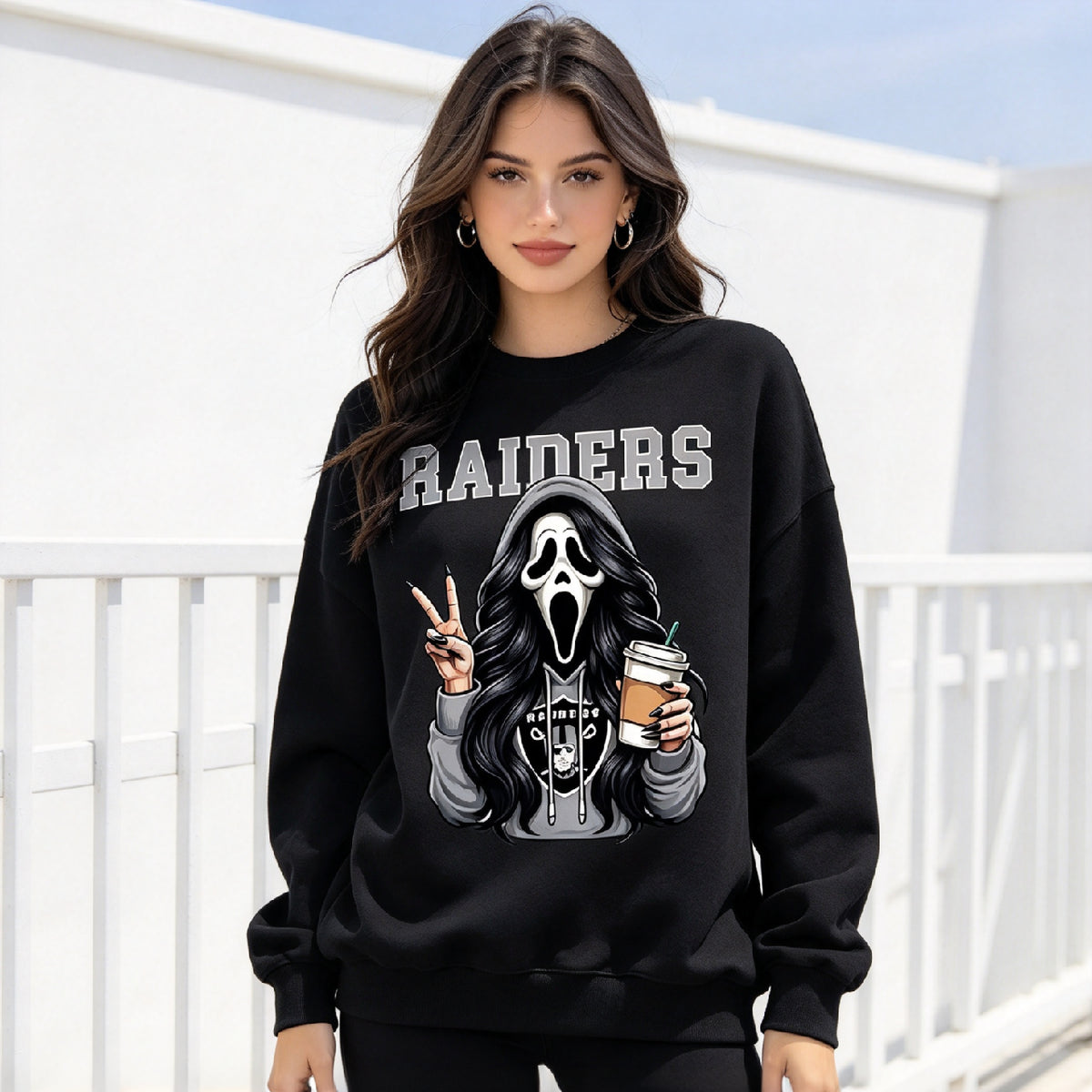 Custom Ghostface Scream Girl Football Team Sweatshirt, Personalized Team Ghost Face Coffee Girl Crewneck Hoodie T-Shirt For Football Fans Halloween
