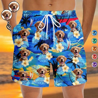 Custom Pet Photo Tropical Beach Shorts – Personalized Dog & Cat Hawaiian Swim Trunks, Summer Vacation Gift for Pet Owners