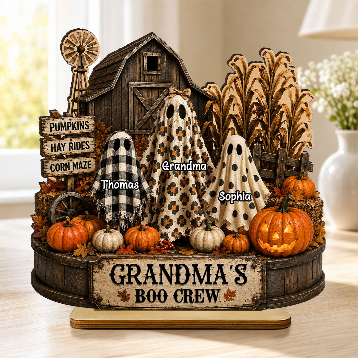 Personalized Grandma’s Boo Crew Wooden Plaque with Grandkids’ Names – 2-Layer Pumpkin Patch Halloween Decor Gift