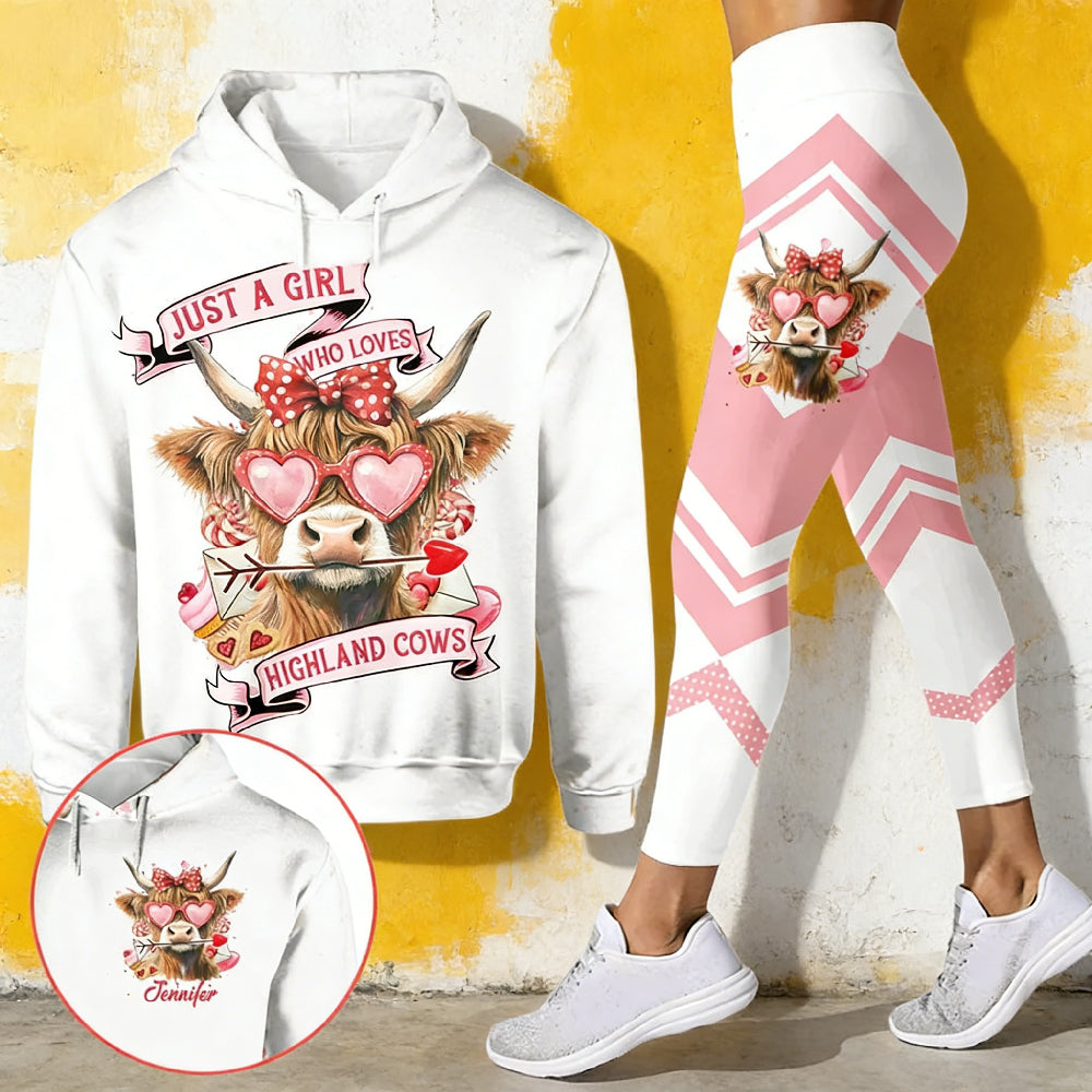 Custom "Just A Girl Who Loves Highland Cows" Outfit - Personalized Hoodie & Leggings Set with Name