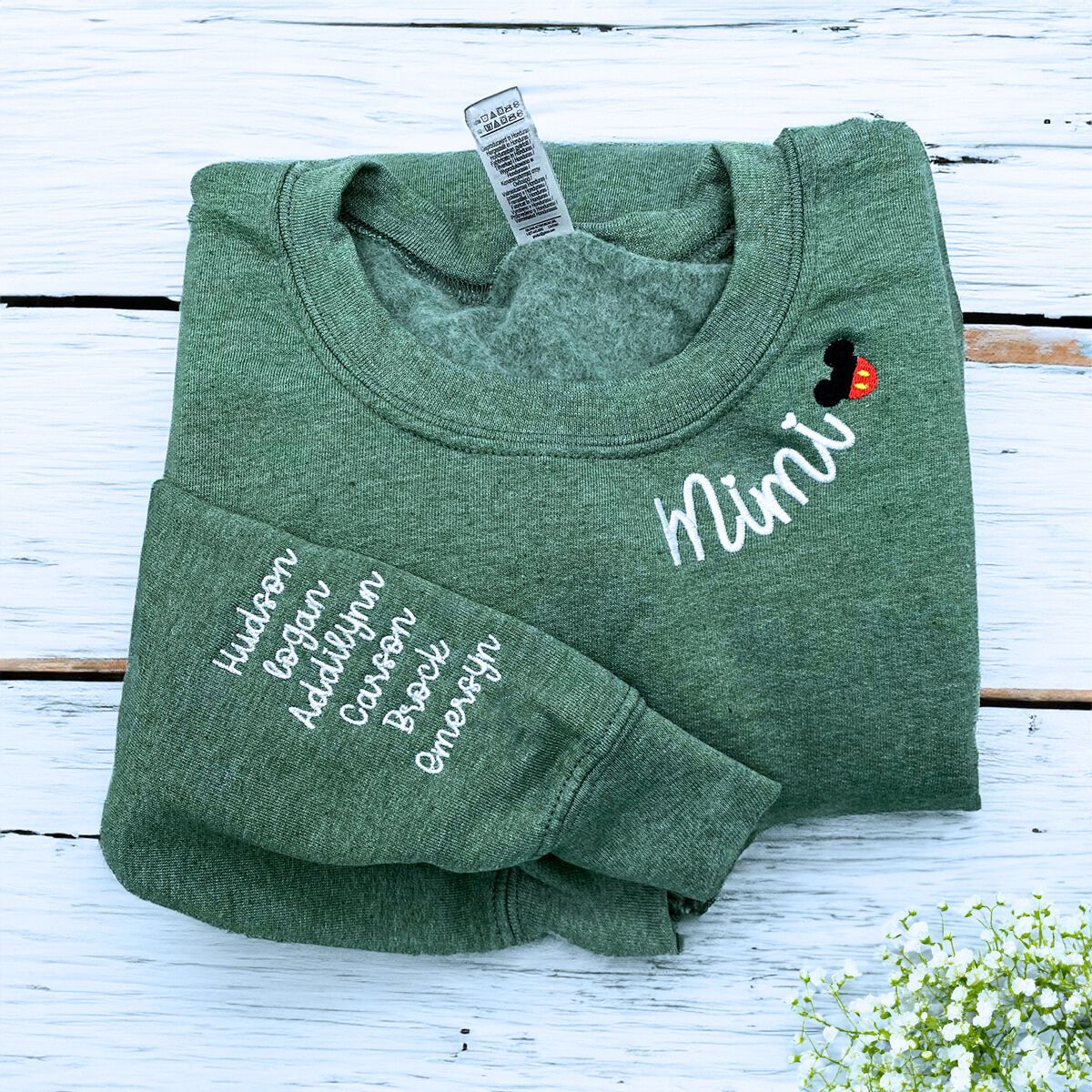 Personalized Mimi Sweatshirt with GrandKids Names on Sleeve, Custom Embroidered Gift for Mimi