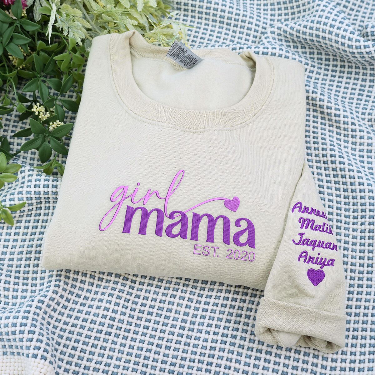 Custom Girl Mama Sweatshirt or Hoodie with Kid Names on Sleeve - Embroidered Gift for Girl Mama