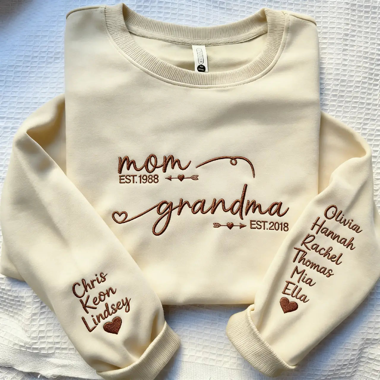 Embroidered Mom to Grandma Sweatshirt - Personalized with Grandkids Names on Sleeves
