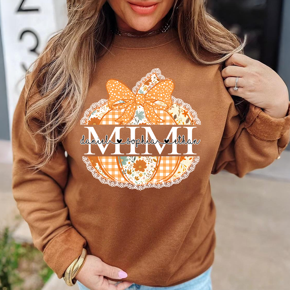 Personalized Mimi Pumpkin T-Shirt with Grandkids Names – Custom Fall Floral Sweatshirt, Grandma Thanksgiving Gift Apparel