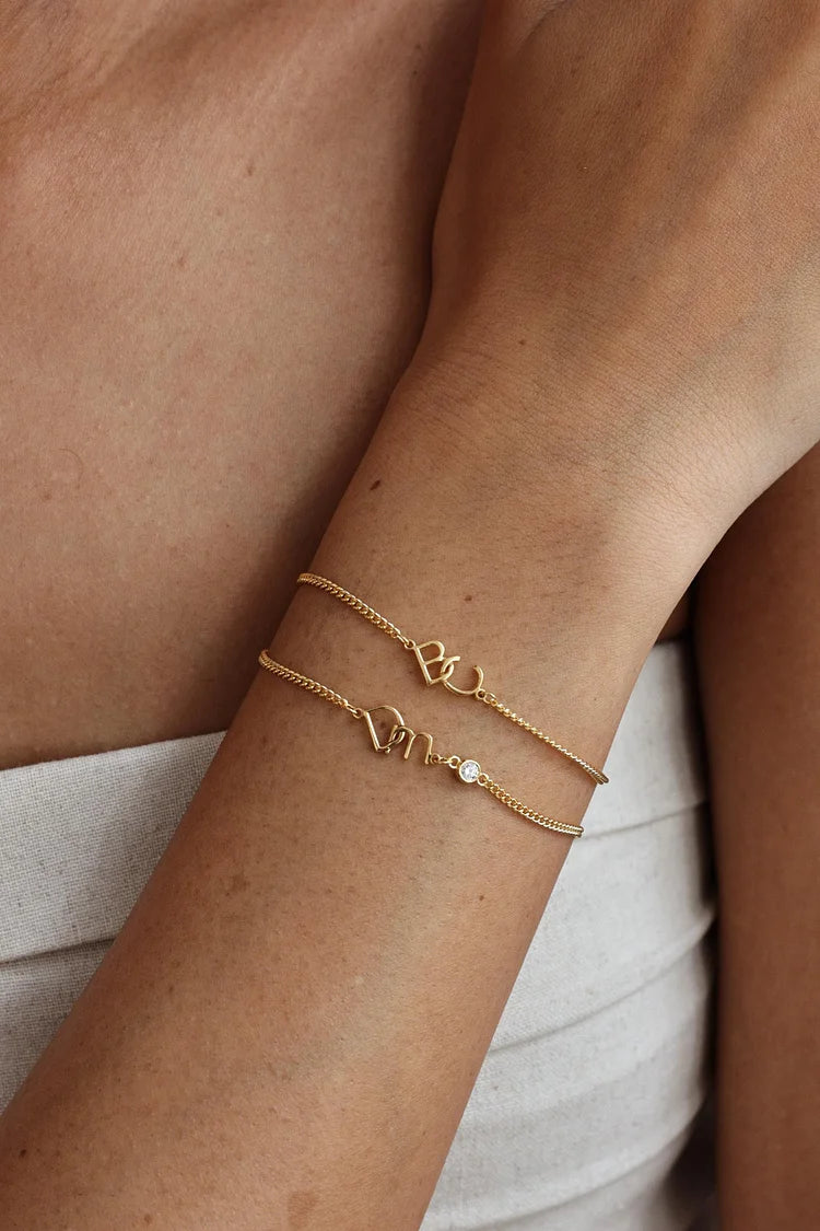 Personalized Two-Letter Curb Chain Bracelet - Custom Initial Heart Bracelet, Gift for Her