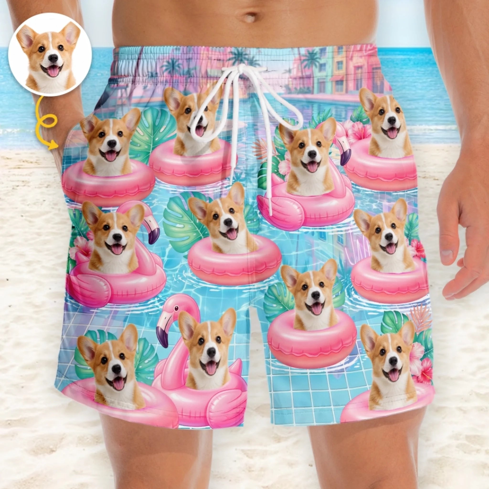 Custom Pet Photo Flamingo Beach Shorts – Personalized Dog & Cat Tropical Swim Trunks, Summer Vacation Gift for Pet Owners