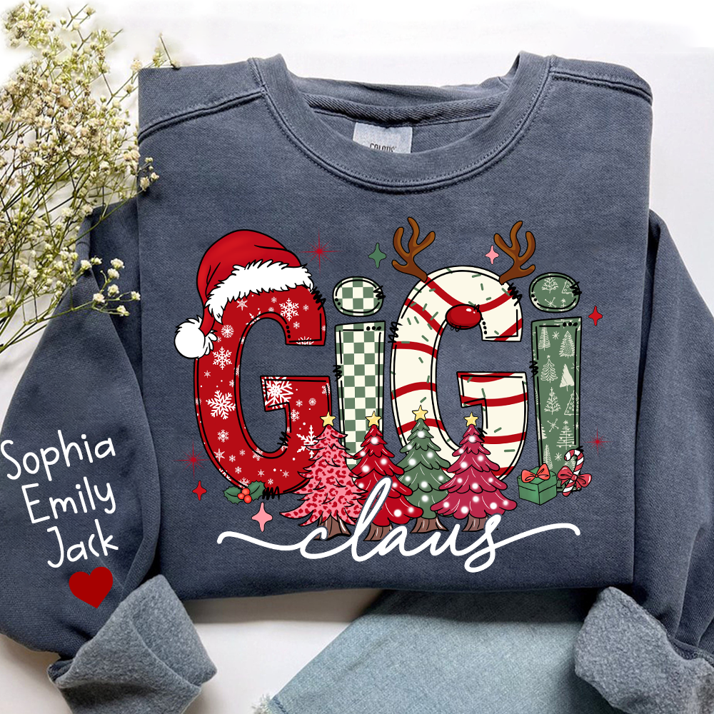 Custom GiGi Claus Christmas Sweatshirt - Personalized with Grandkids Names on Sleeve