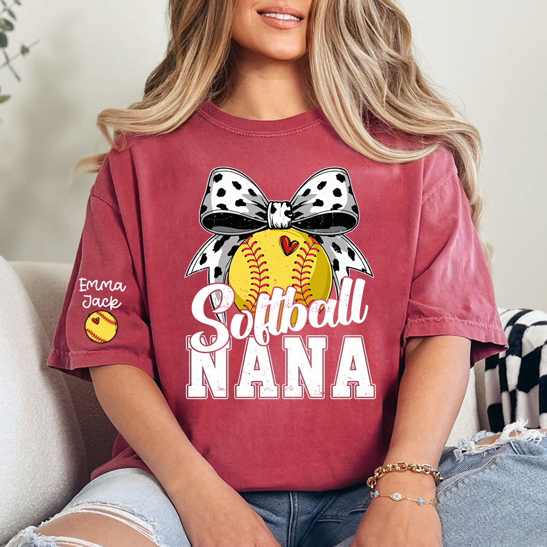 Personalized Softball NANA T-Shirt - Custom Grandkids Names Sleeve, Gift for Softball NANA/Grandma