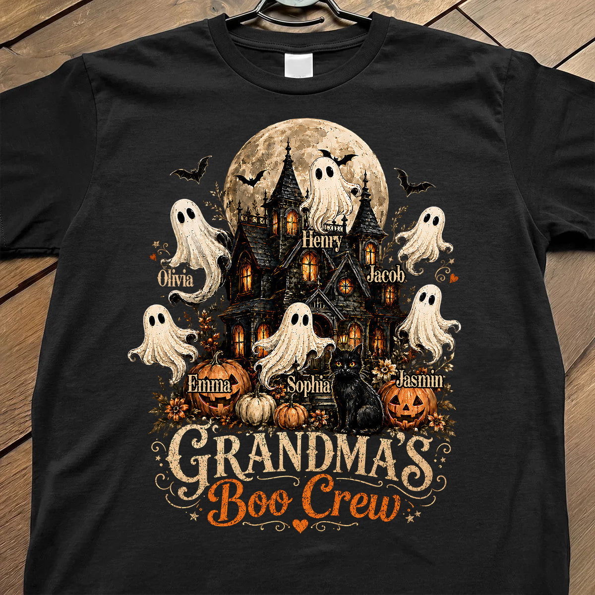 Personalized Grandma’s Boo Crew Shirt with Grandkids’ Names – Haunted House Halloween Gift for Grandma