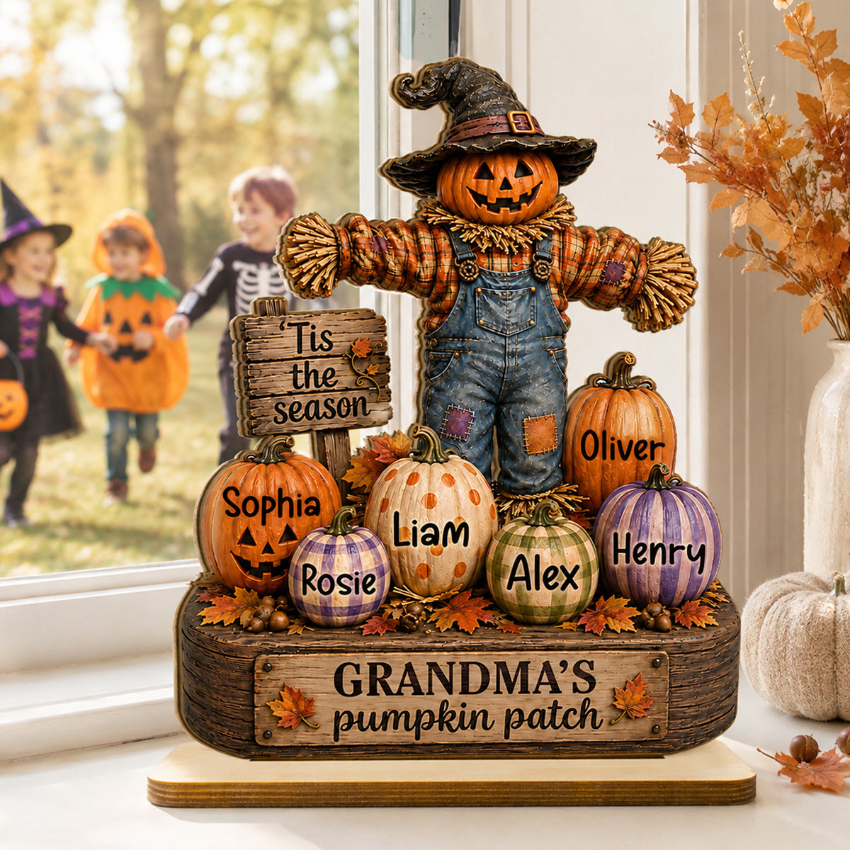 Personalized Grandma’s Pumpkin Patch Wooden Plaque with Grandkids’ Names – 2-Layer Scarecrow Halloween & Fall Decor Gift