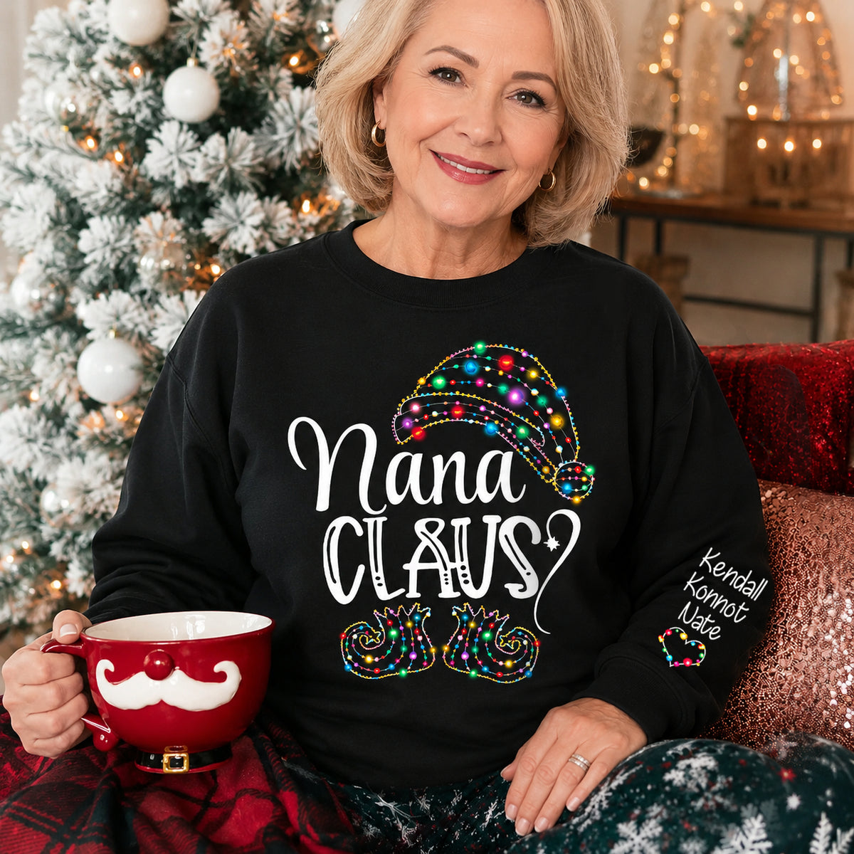 Custom Nana Claus Christmas Sweatshirt‑Personalized Grandkids Names Sleeve Print Crewneck, Festive Light Santa Hat Holiday Custom Gift for Grandma, Nana, Mimi, Grammy
