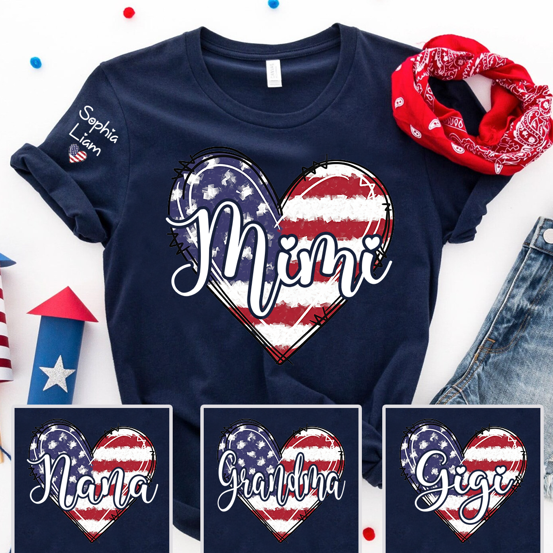 Custom Mimi Patriotic T-Shirt – American Flag Heart Design for Women, 4th of July Grandma Gift, Cute Memorial Day Tee