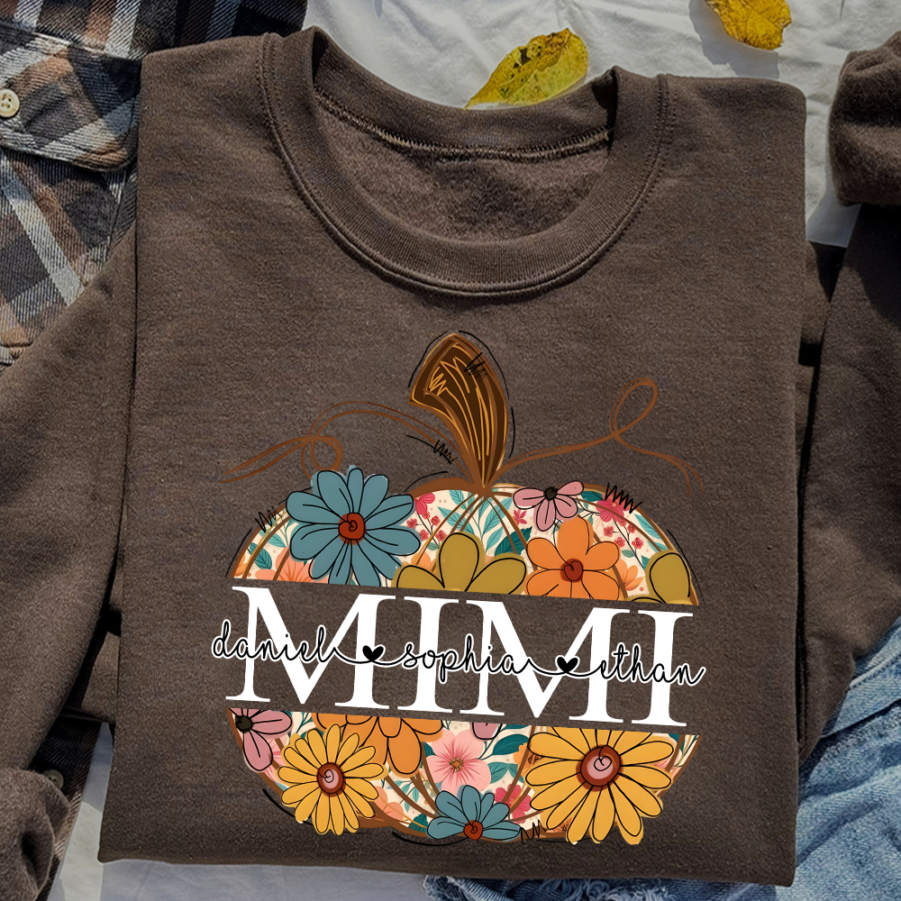 Custom Mimi Pumpkin Sweatshirt with Grandchildren Names – Personalized Floral Fall Shirt, Grandma Thanksgiving Gift for Women
