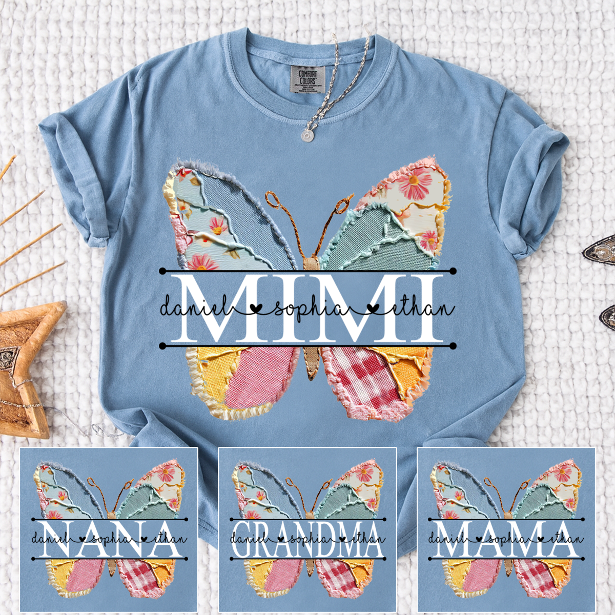 Custom Mimi T Shirt, Floral Butterfly Design with Grandkids Names, Personalized Family Tee