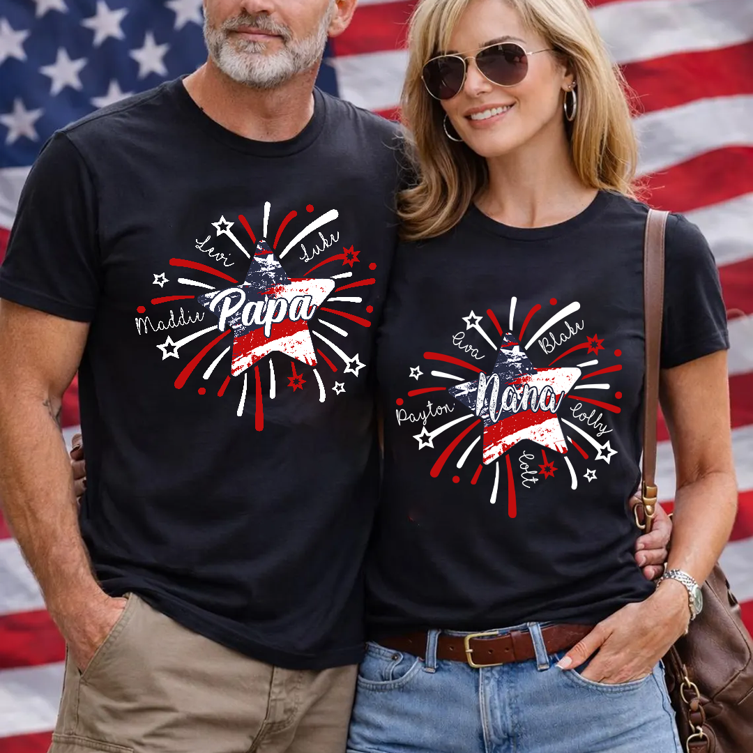 Personalized 4th of July Papa Shirt – Custom Grandpa and Grandkids Star Firework American Flag Design, Patriotic Gift for Papa