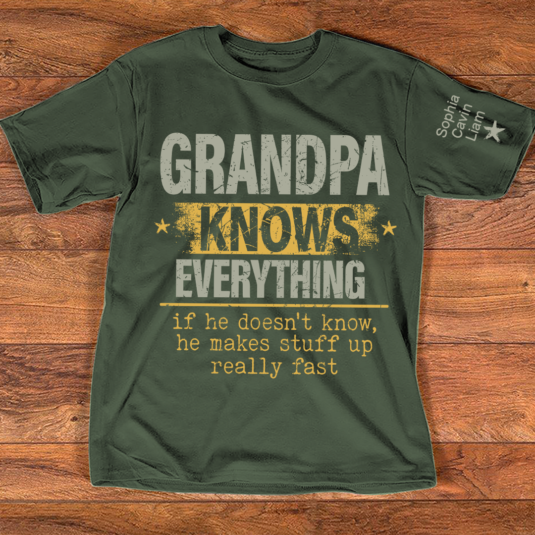 Personalized "Grandpa Knows Everything" Funny T-Shirt – Custom Grandkids’ Names Sleeve Tee, Vintage-Style Gift for Grandpa