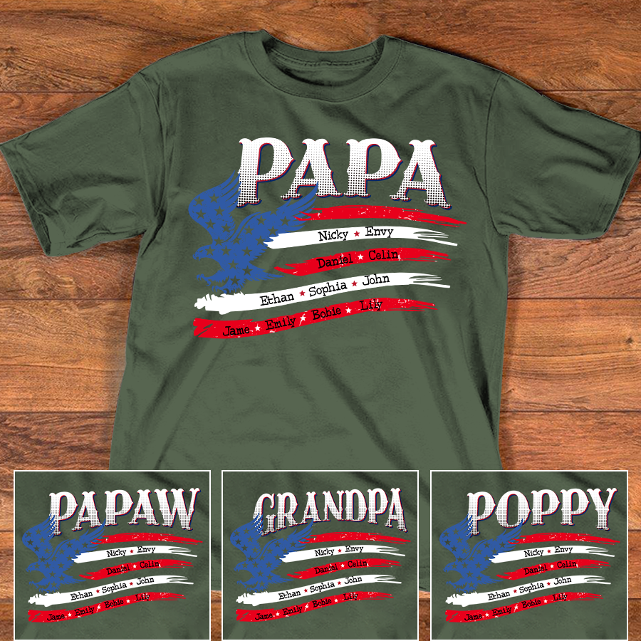 Papa Eagle American Flag Custom T-Shirt – Personalized Patriotic Tee with Kids Names, Father’s Day Gift for Grandpa