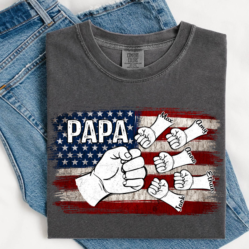 Papa Fist Bump Custom T-Shirt – Personalized American Flag Tee with Kids Names, Father’s Day Gift for Grandpa