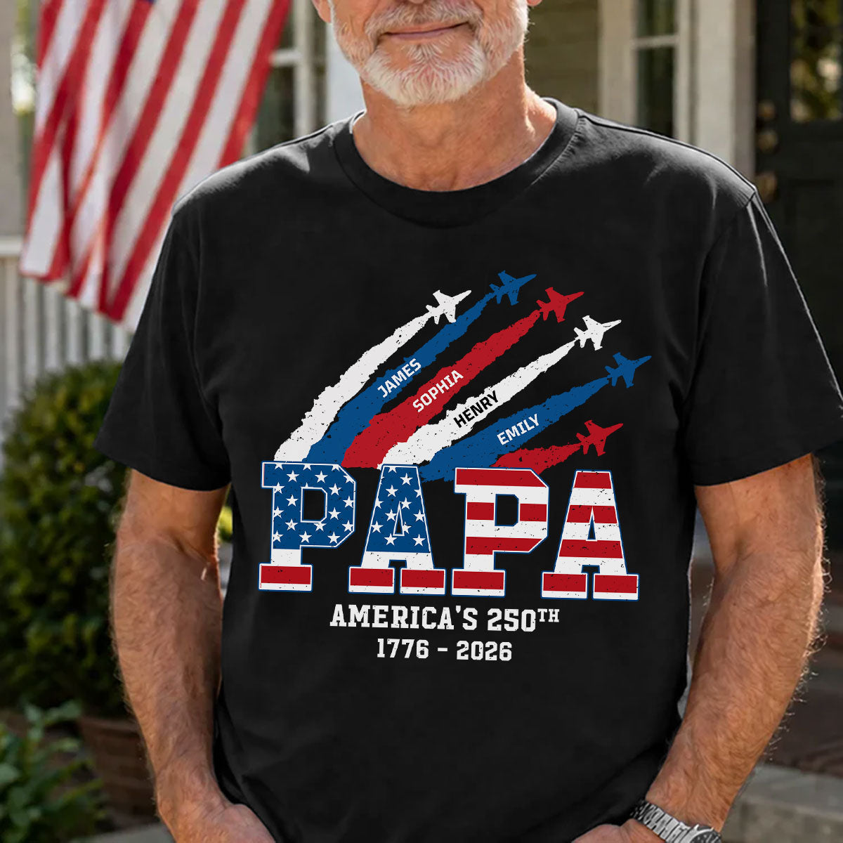 Personalized America's 250th Anniversary Papa Shirt - Patriotic Airplane Trail T-Shirt with Grandkids Names, Custom Dad/Grandpa 4th of July Tee