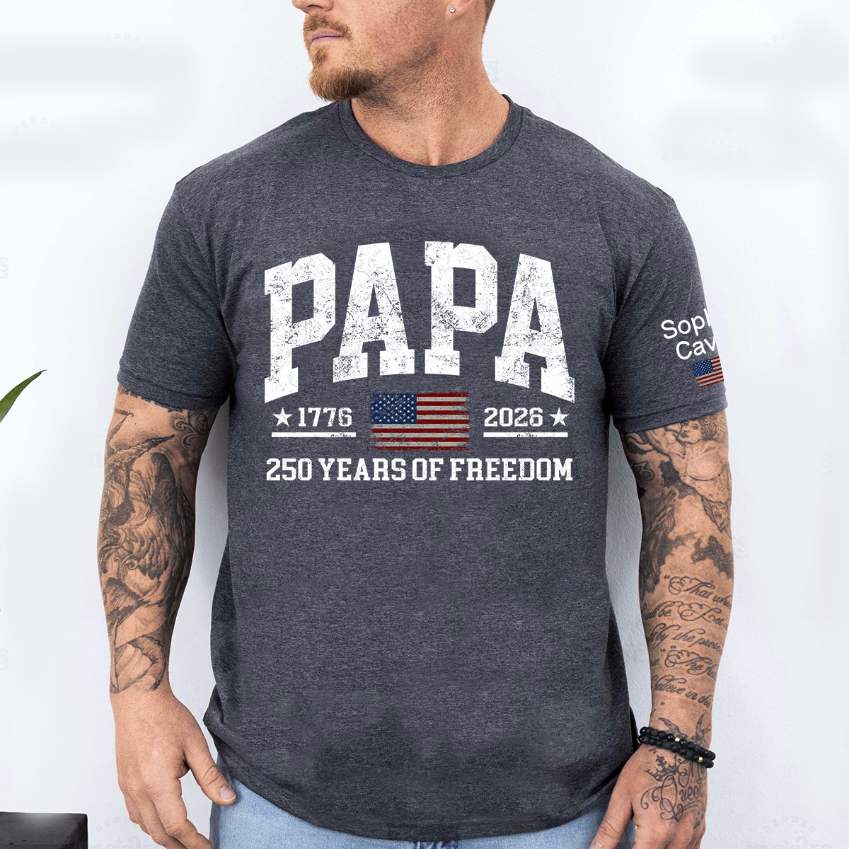 Personalized Patriotic Papa 250 Years of Freedom T-Shirt – Custom Grandkids’ Names Sleeve Tee, U.S. 250th Anniversary Gift for Grandpa
