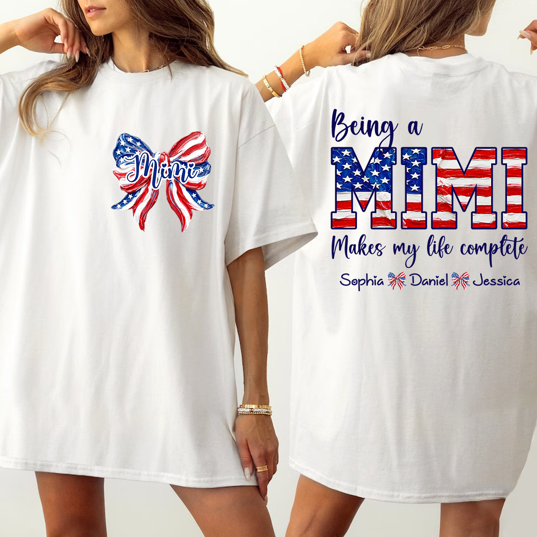 Double-Sided Patriotic USA Bow Mimi T-Shirt | Custom Grandkids Names 4th of July Grandma Tee, Mother’s Day Gift for Nana Gigi Grandma