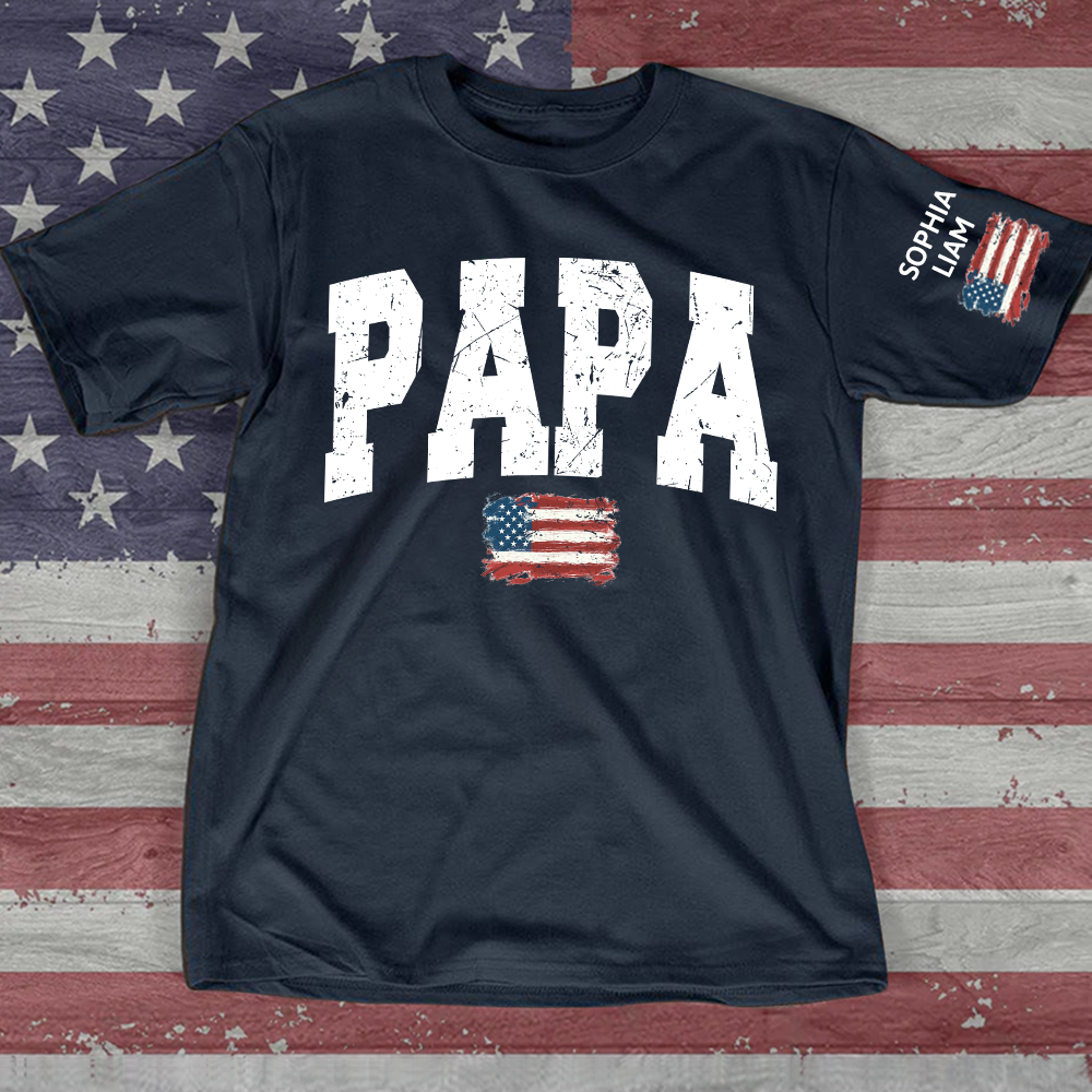 Personalized American Flag Printed Papa T-Shirt – Custom Grandpa and Kids Names, Patriotic Father’s Day Gift for Papa