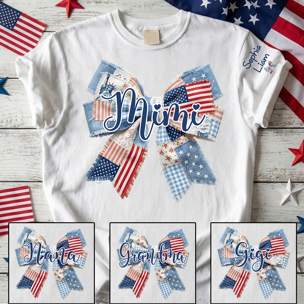 Personalized Vintage Patchwork Patriotic Bow Mimi T-Shirt | Custom Grandkids Names On Sleeve 4th of July Grandma Tee, Mother’s Day & Birthday Gift for Nana Gigi Grandma