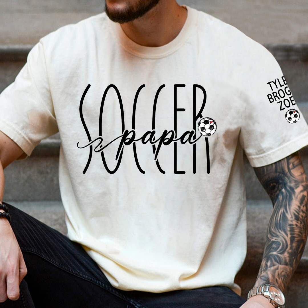 Soccer Papa Shirt, Personalized Soccer Dad T-Shirt with Kids Names on Sleeve, Custom Grandpa Soccer Tee, Father’s Day Gift for Papa