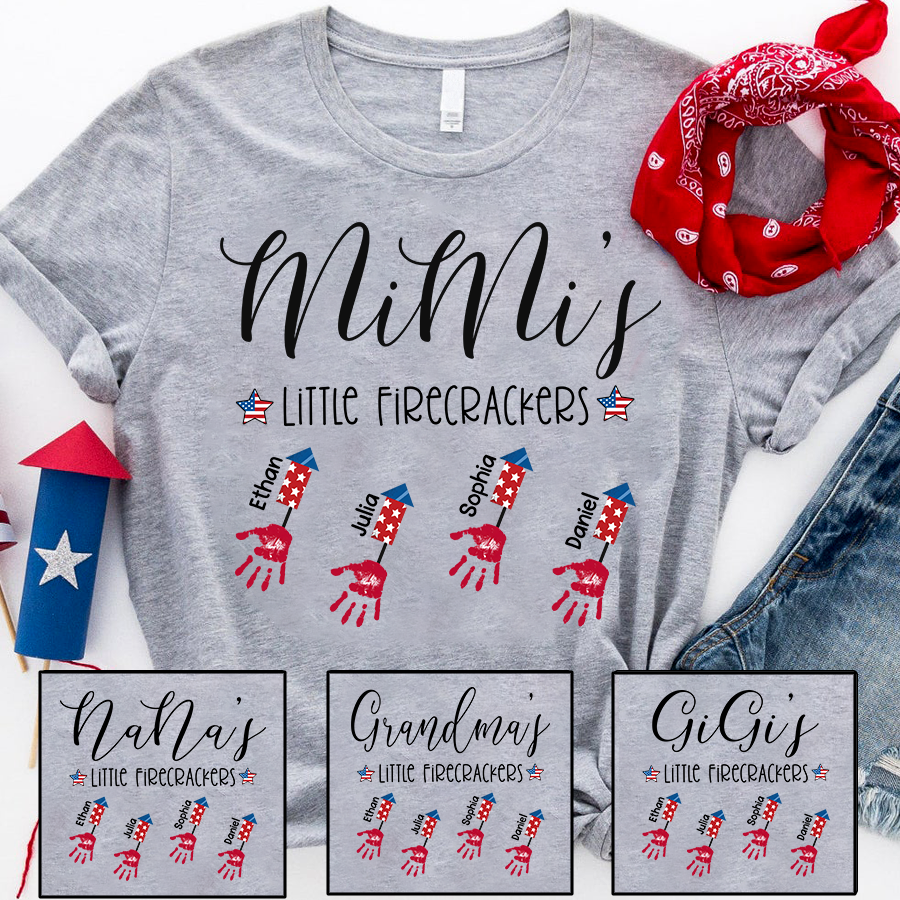 Personalized Mimi’s Little Firecrackers T-Shirt | Custom Grandkids Handprint Firecracker Patriotic Grandma Tee, 4th of July Mother’s Day Gift for Nana Gigi Grandma