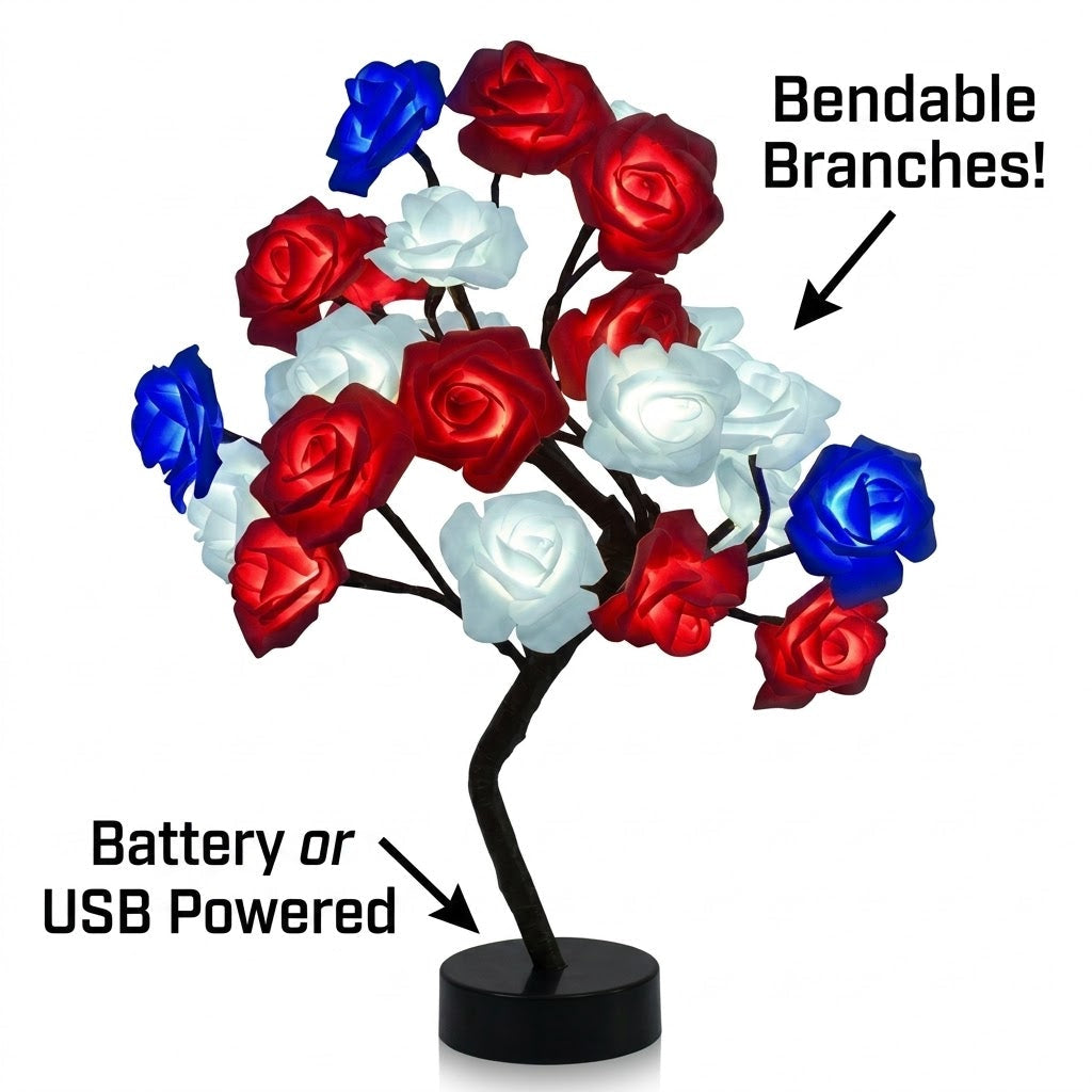 America’s 250th Limited Edition Red White Blue LED Rose Tree Lamp | Remote Controlled Patriotic USA Tabletop Rose Light, 4th of July Independence Day Home Decor