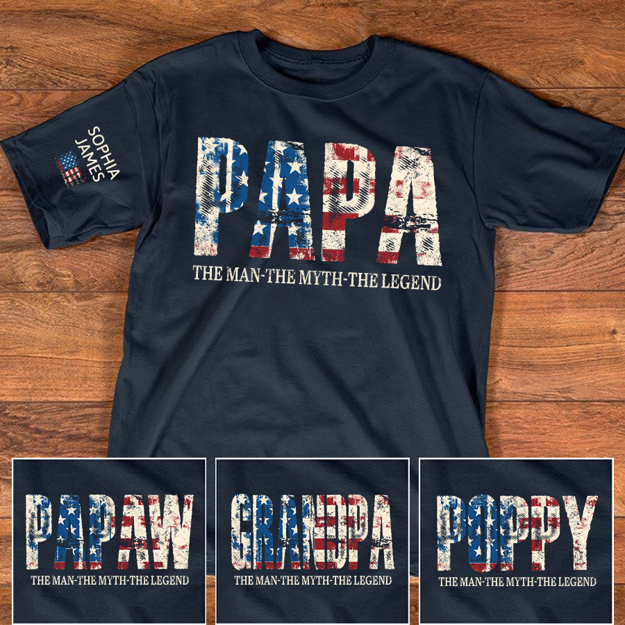 Papa The Man The Myth The Legend Custom T-Shirt – Personalized American Flag Tee with Kids Names on Sleeve, Father’s Day Gift for Grandpa