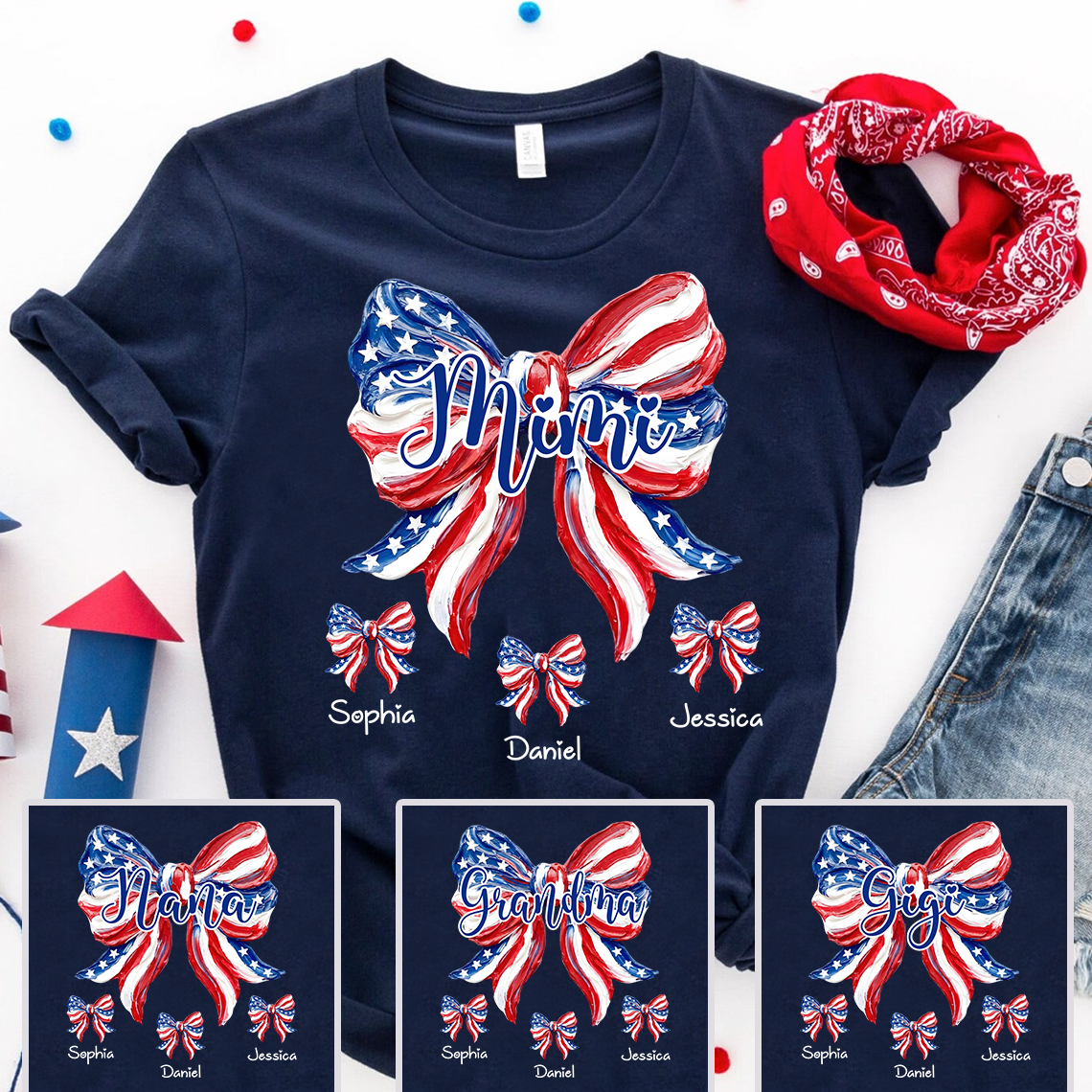 Personalized Hand Drawn USA Flag Bow Mimi T-Shirt – Custom Grandkids Mini Bow Names 4th of July Grandma Patriotic Tee