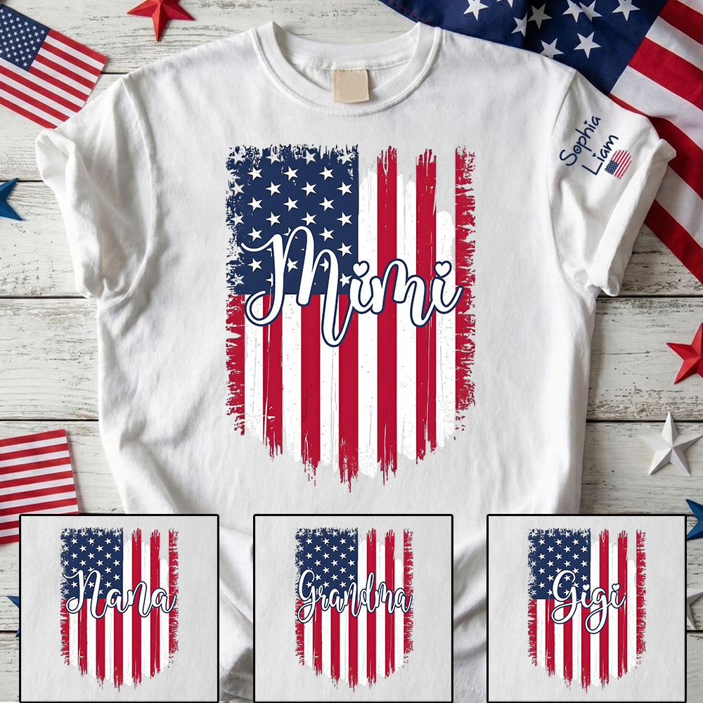 Personalized Distressed Brushstroke American Flag Mimi T-Shirt | Custom Grandkids Names On Sleeve Patriotic Grandma Tee, 4th of July Mother’s Day Gift for Nana Gigi Grandma